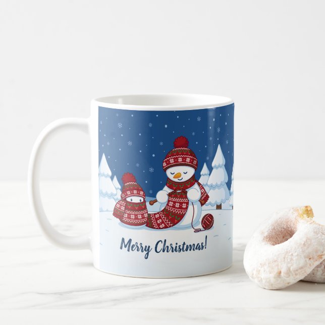 Snowman Knitting Christmas Scarf Coffee Mug (With Donut)