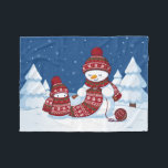 Snowman Knitting Christmas Scarf Fleece Blanket<br><div class="desc">Cartoon illustration of two adorable snowmen dressed in knitted hats and scarves. The big snowman is knitting an oversized scarf for the little one. The scarf is already wrapped several times around the cute little snowman.</div>