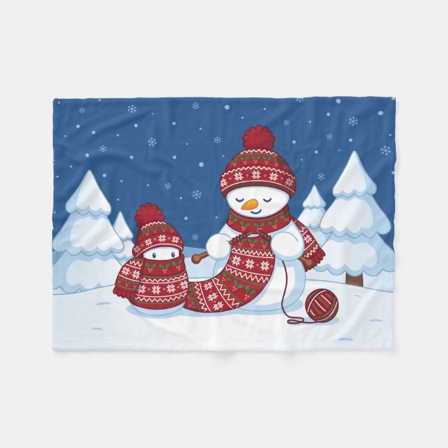 Snowman Knitting Christmas Scarf Fleece Blanket (Front (Horizontal))