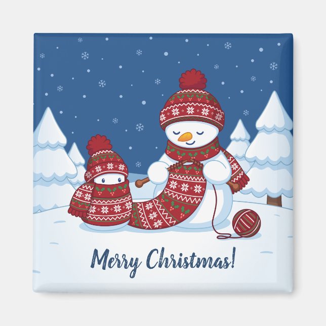 Snowman Knitting Christmas Scarf Magnet (Front)