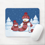 Snowman Knitting Christmas Scarf Mouse Pad<br><div class="desc">Cartoon illustration of two adorable snowmen dressed in knitted hats and scarves. The big snowman is knitting an oversized scarf for the little one. The scarf is already wrapped several times around the cute little snowman.</div>