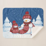 Snowman Knitting Christmas Scarf Sherpa Blanket<br><div class="desc">Cartoon illustration of two adorable snowmen dressed in knitted hats and scarves. The big snowman is knitting an oversized scarf for the little one. The scarf is already wrapped several times around the cute little snowman.</div>