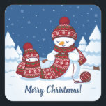 Snowman Knitting Christmas Scarf Square Sticker<br><div class="desc">Cartoon illustration of two adorable snowmen dressed in knitted hats and scarves. The big snowman is knitting an oversized scarf for the little one. The scarf is already wrapped several times around the cute little snowman.</div>