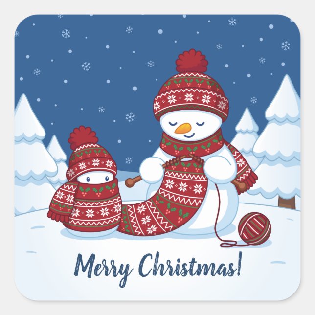 Snowman Knitting Christmas Scarf Square Sticker (Front)