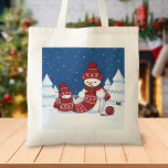 Snowman Knitting Christmas Scarf Tote Bag<br><div class="desc">Cartoon illustration of two adorable snowmen dressed in knitted hats and scarves. The big snowman is knitting an oversized scarf for the little one. The scarf is already wrapped several times around the cute little snowman.</div>