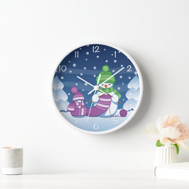 Snowman Knitting Christmas Scarf Wall Clock (Home)