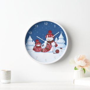Snowman Knitting Christmas Scarf Wall Clock