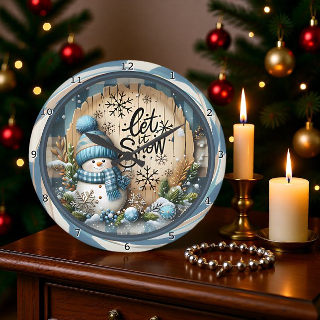 Snowman Let It Snow Blue Large Clock (Creator Uploaded)