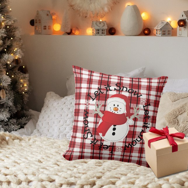 Snowman Let it Snow Red Black White Plaid Cushion (Creator Uploaded)