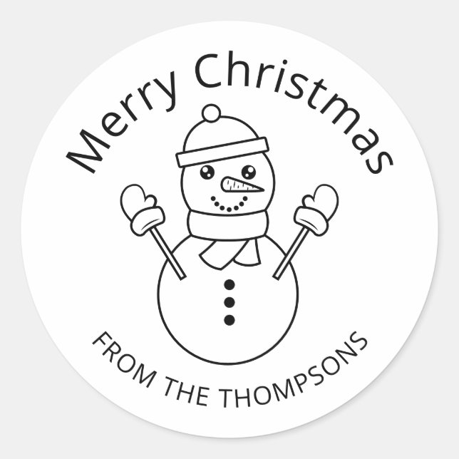 Snowman Line Art Illustration With Custom Text Classic Round Sticker (Front)