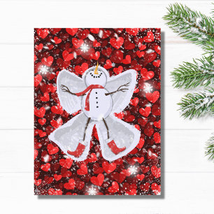 Snowman Making a Snow Angel on Red Hearts Winter Postcard