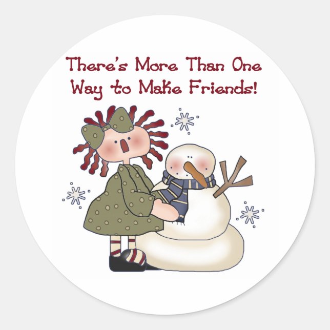 Snowman Making Friends Classic Round Sticker (Front)