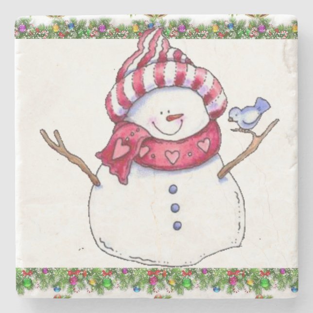 Snowman Marble Stone Coaster Christmas (Front)