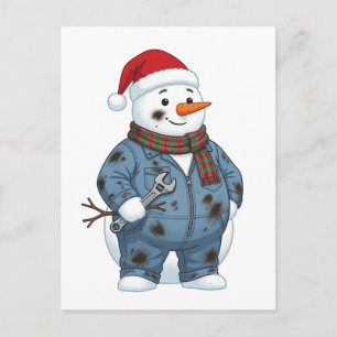 Snowman Mechanic Christmas 2026 Holiday Blue Colla Announcement Postcard