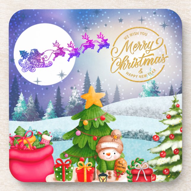 Snowman Merry Christmas Tree Gift & Happy New Year Coaster (Front)