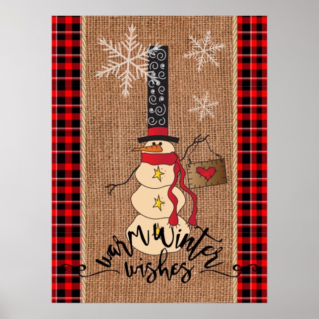 Snowman Merry Christmas with Plaid and Burlap Poster (Front)