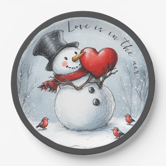 Snowman Offers Love with a Big Heart Paper Plate (Front)