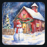 Snowman on a Vintage Farm Christmas Square Sticker<br><div class="desc">Sweet old-fashioned snowman on a snowy winter night on a rustic vintage farm. Sweet nostalgic Christmas stickers.</div>