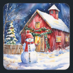 Snowman on a Vintage Farm Christmas Square Sticker<br><div class="desc">Sweet old-fashioned snowman on a snowy winter night on a rustic vintage farm. Sweet nostalgic Christmas stickers.</div>