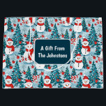 Snowman on a Winter Day Christmas Personalised Large Gift Bag<br><div class="desc">Personalised Christmas gift bag with snowmen in warm red scarves and a pretty blue pine tree background.</div>