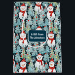 Snowman on a Winter Day Christmas Personalised Medium Gift Bag<br><div class="desc">Personalised Christmas gift bag with snowmen in warm red scarves and a pretty blue pine tree background.</div>
