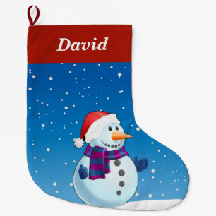 Snowman on blue large christmas stocking