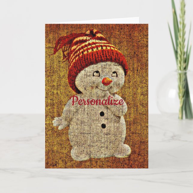 Snowman on burlap cute rustic country winter card (Front)