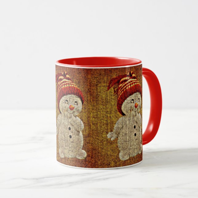 Snowman on burlap cute rustic winter hot chocolate mug (Front Right)