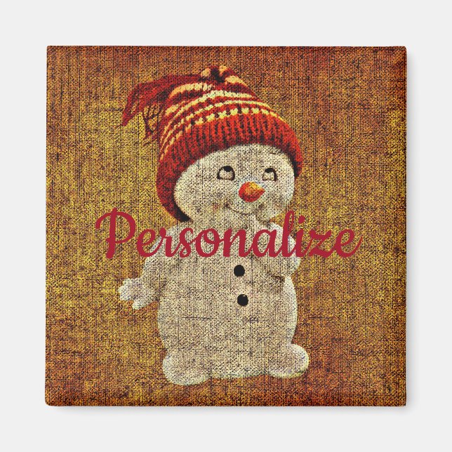 Snowman on burlap cute rustic winter magnet (Front)