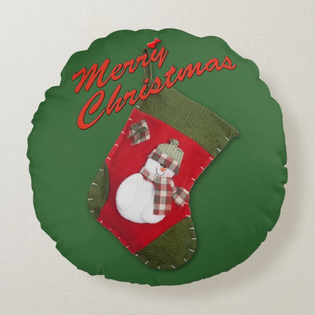 Snowman on Christmas Stocking Over Green Round Cushion (Front)