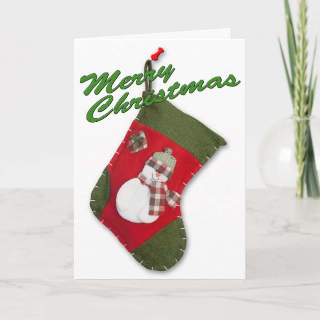 Snowman on Christmas Stocking Over White Holiday Card (Front)