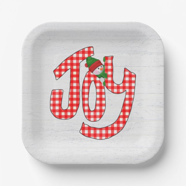 Snowman On Gingham Joy Paper Plate (Front)