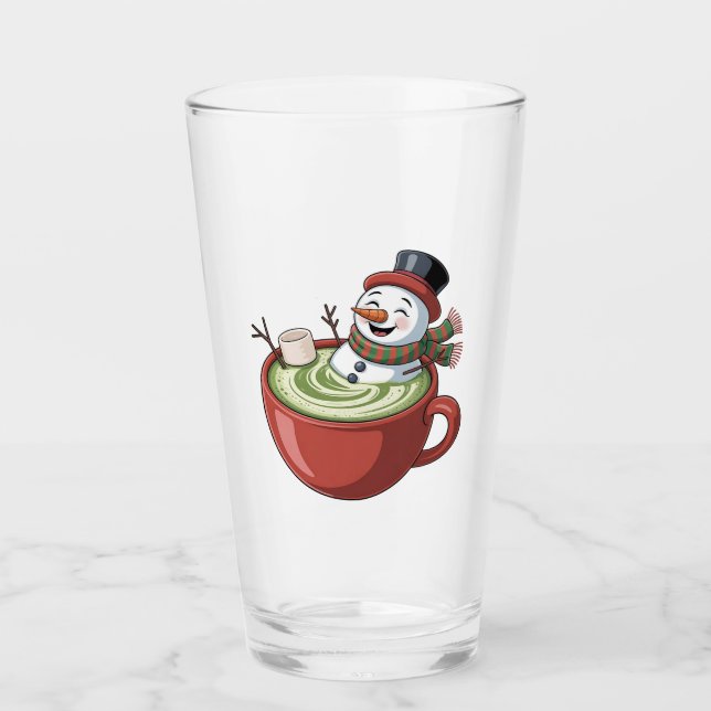 Snowman on Matcha Bathub Funny Christmas  Glass (Front)