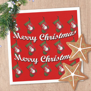 Snowman On Merry Christmas Stocking Over Red Napkin