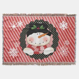Snowman on Red and Pink Stripe Holiday Throw Blanket