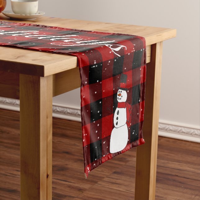 Snowman on Red Black Buffalo Plaid Short Table Runner (In Situ)