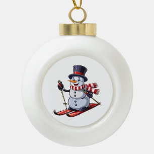 Snowman on skis in a top hat with a striped scarf ceramic ball christmas ornament