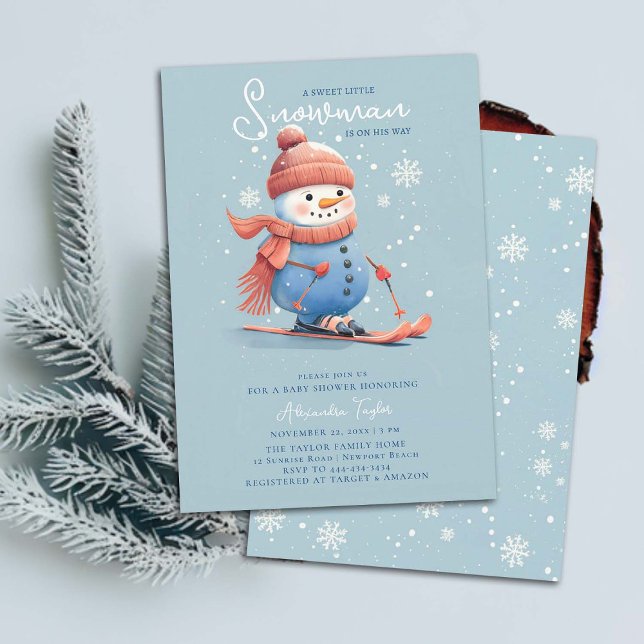 Snowman on Skis Winter Sports Blue Boy Baby Shower Invitation (sweet little snowman winter baby boy shower invitation sports skiing snow snowflakes watercolor cute)
