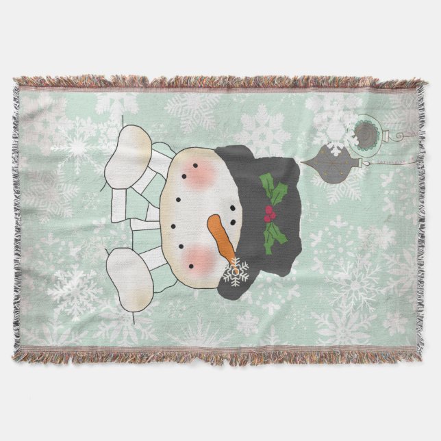 Snowman on Soft Blue Snowflake Holiday Throw (Front)