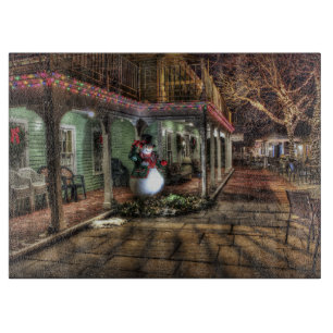 Snowman on the Porch in Winter Wonder Land Cutting Board