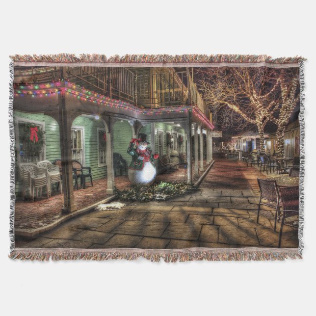 Snowman on the Porch in Winter Wonder Land Throw Blanket (Front)