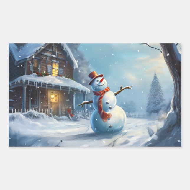 Snowman Painting Rectangular Sticker (Front)