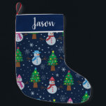 Snowman pattern with Christmas trees custom  Small Christmas Stocking<br><div class="desc">This is cute personalised white Snowmen pattern in blue,  red and pink  with colourful Christmas trees and little snowflakes on dark blue background. It's has a custom name that you can change easily by clicking on personalise template.</div>