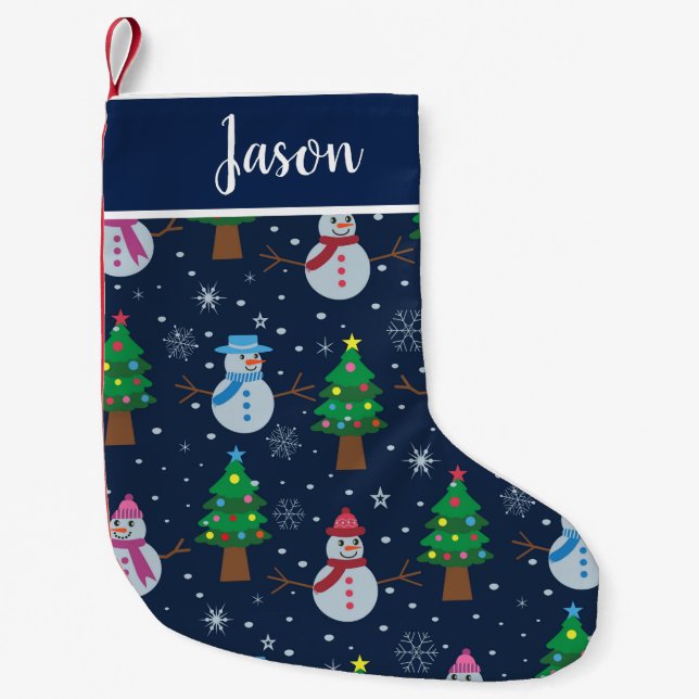 Snowman pattern with Christmas trees custom  Small Christmas Stocking (Front)