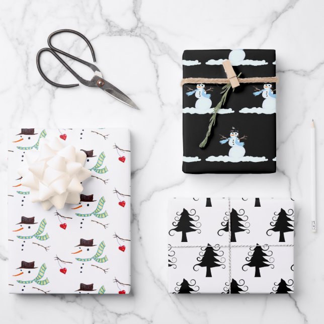 Snowman Patterns Curly Trees Neutral Christmas Wrapping Paper Sheet (Front)