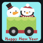 Snowman Penguin Train Car Christmas Square Sticker<br><div class="desc">A snowman wearing a top hat and a penguin in a stocking cap and scarf ride in a train car on this cute Christmas sticker. Predominant colours in the image are red and white, lime green, and black. At the bottom is your custom text in red. The image and text...</div>