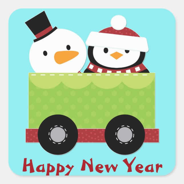 Snowman Penguin Train Car Christmas Square Sticker (Front)
