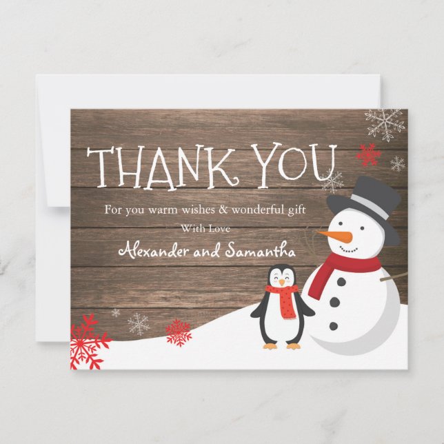 Snowman penguin Winter Rustic Wood Thank you card (Front)