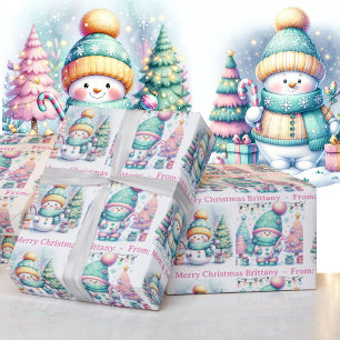 Snowman Personalise Pink Name Girl's Christmas Wrapping Paper