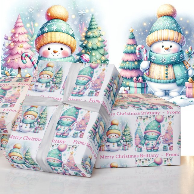 Snowman Personalise Pink Name Girl's Christmas Wrapping Paper (Creator Uploaded)